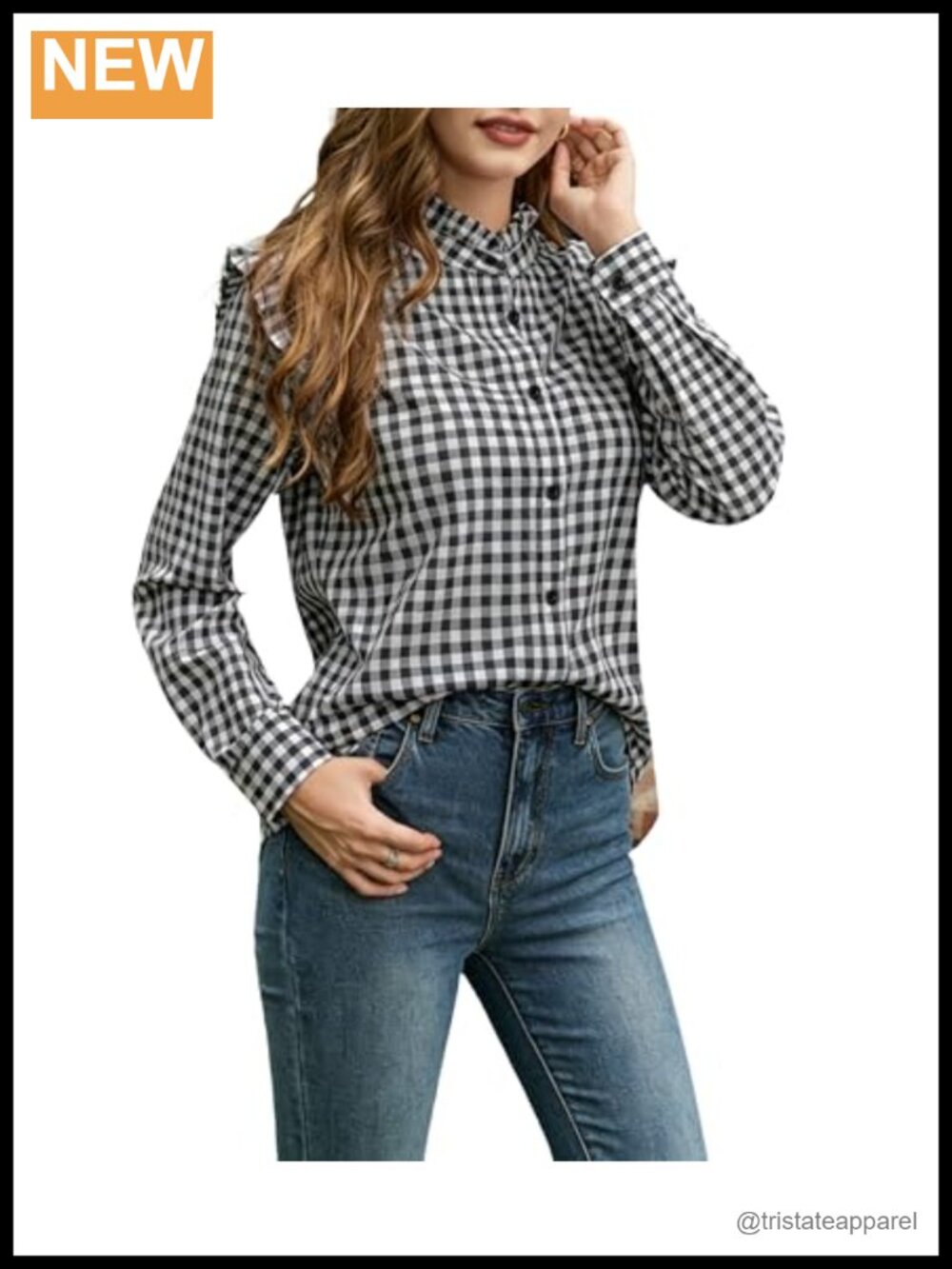 Women's Cotton Plaid Button Down Long Sleeve Ruffle Blouse